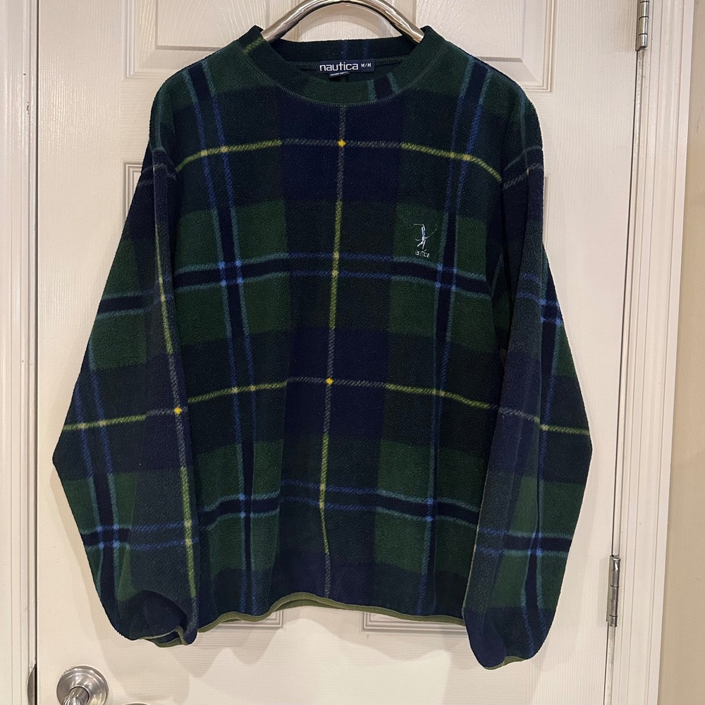 Nautica Mens Green Navy Plaid Fleece Pullover Crewneck Sweater Size Medium